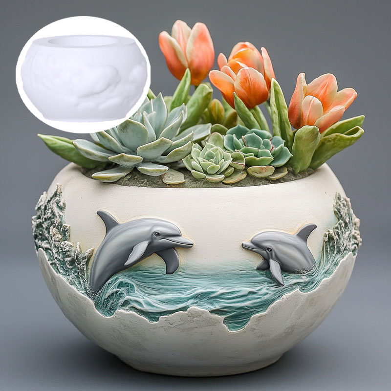 Resin Ocean Wave Mold - Çift yunus kabartma etli bitki saksı